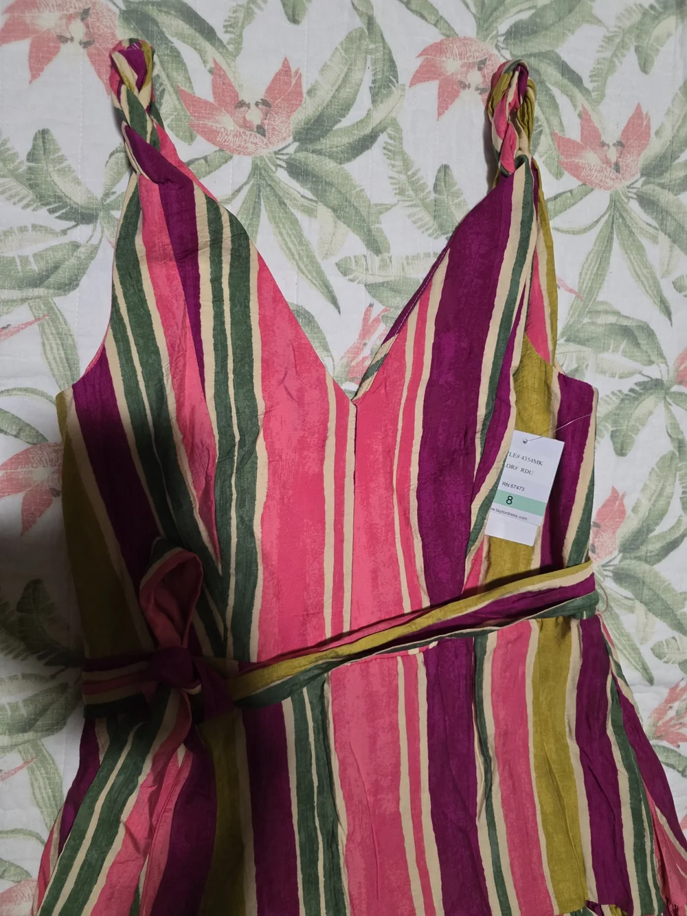 Taylor Pink, Green & Yellow Striped Tiered Maxi Dress with Waist Tie - Picture 5 of 12